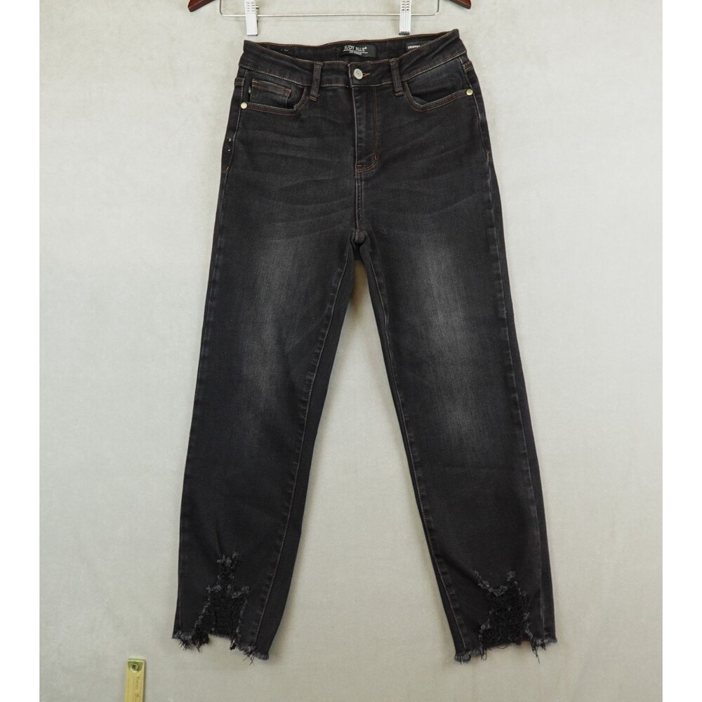 Judy Blue Jeans Womens 5/27 Black Straight Crop Distressed Raw Hem Denim